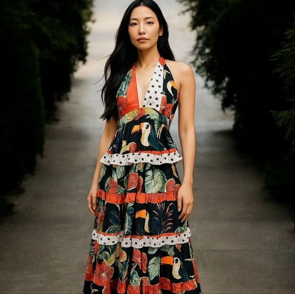 Beautiful Multiprint Fruit and tiger tiered ruffled maxi dress. - Picture 2 of 11